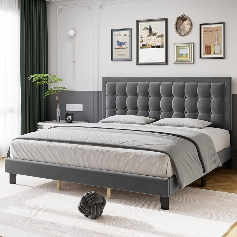 Lit plateforme tapissier Nourdane, Très grand, gris
