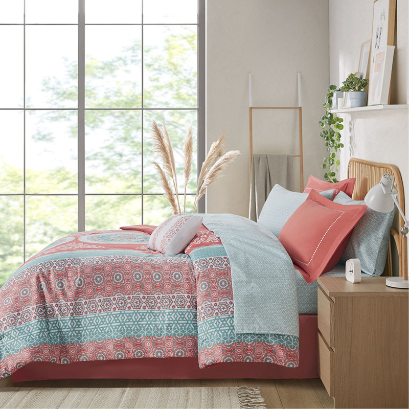Ensemble d'édredon simple avec draps, Corail / motif abstrait, Édredon lit simple + 6 pièces incluses