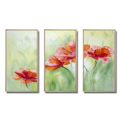 «Red Blossoming Poppies I», peinture sur toile 3 pièces