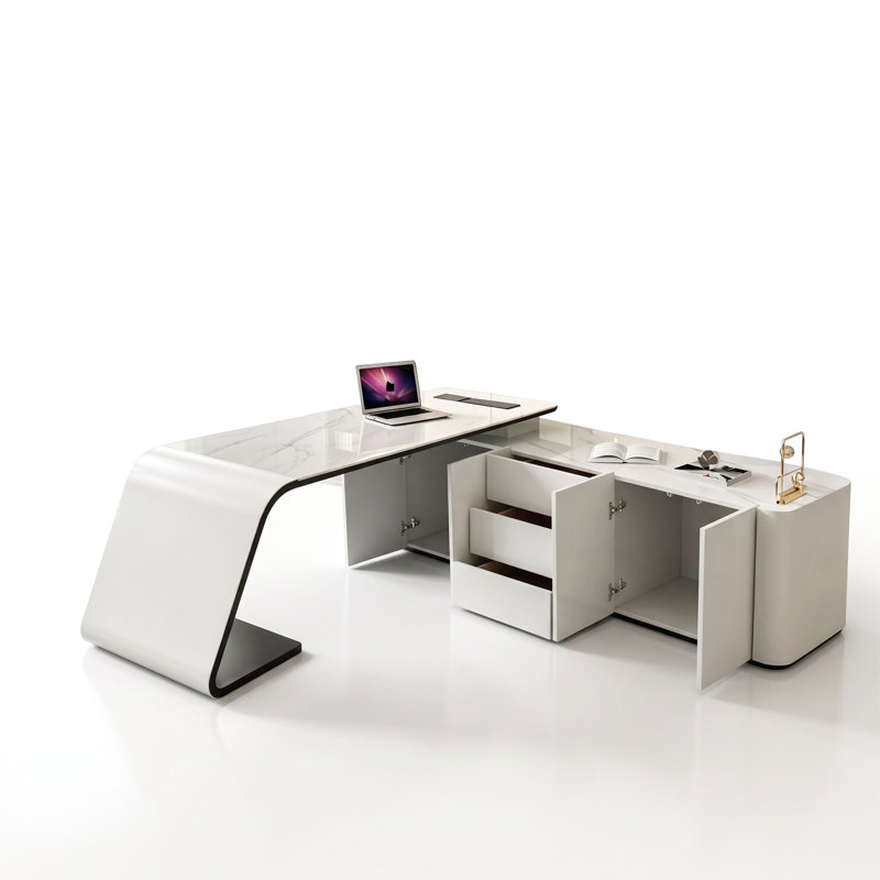 Bureau de direction moderne incurvé de 200 cm (78,74 po) avec caisson de rangement latéral amovible, plateau en faux marbre blanc avec prise électrique intégrée, bureau minimaliste entièrement blanc avec tiroirs et portes pour bureau à domicile