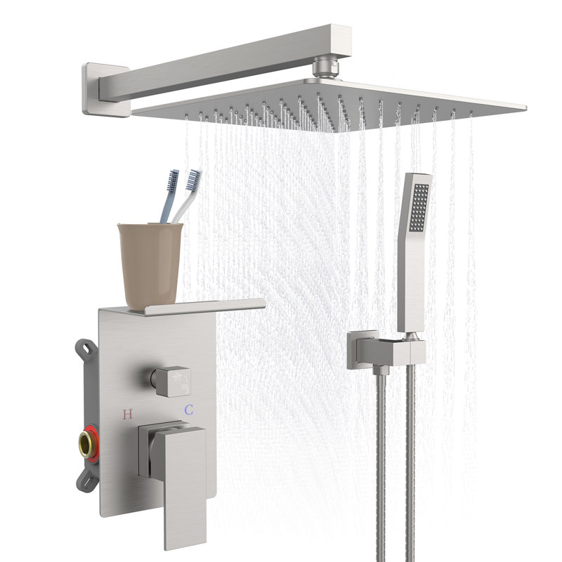 Rainfall Shower System With Storage Rack 10 Inch Shower Faucet Set Brushed Nickel With High Pressure With Square Shower Head Luxury Shower Set Wall Mount