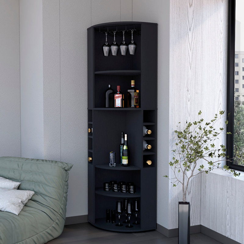Large Shelves Black Corner Bar Cabinet - 5 Shelf Design, Stores Wine & Glassware, Wood, Enhances Decor With Spacious Keeps Wine, Glassware Liquors Organized, Made Of Wood For Living Room