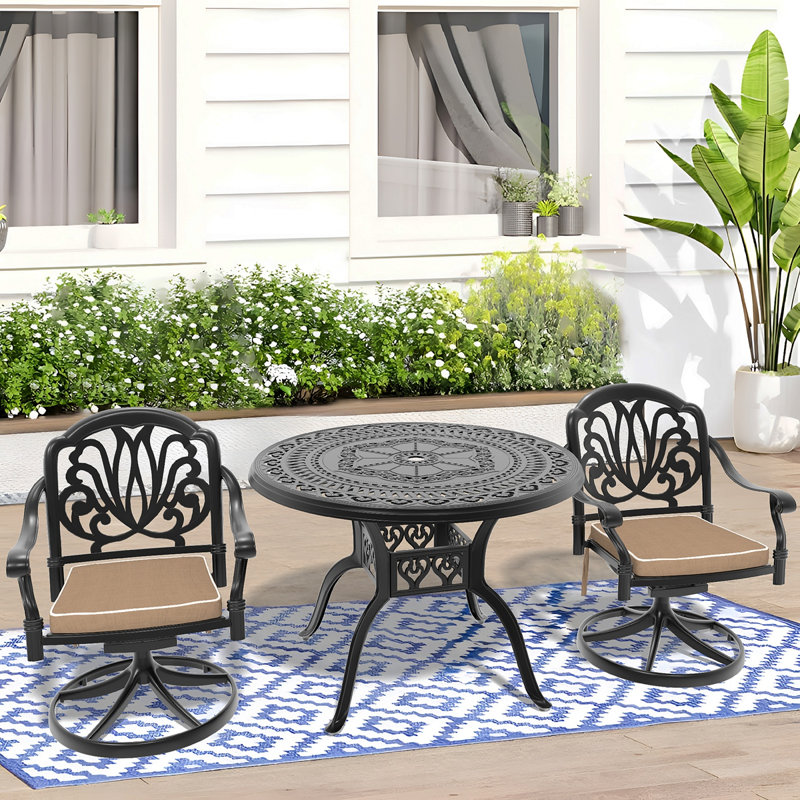 3-Piece All-Weather Cast Aluminum Dining Set, Include 2 Swivel Chairs And 39.37" Round Table With Black Frame