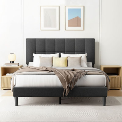 Queen Upholstered Platform Bed Frame With Adjustable Headboard & Modern Groove-Door Bedside Table With Drawer, Bedroom Furniture Set by Ebern Designs