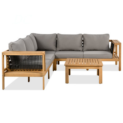 4 Pieces Outdoor Acacia Wood Sofa Set, Woven Mesh Armrests, L-Shaped Patio Furniture Sofa Set With Coffee Table, Outdoor Conversation Set With Gray Cushions And Side Table