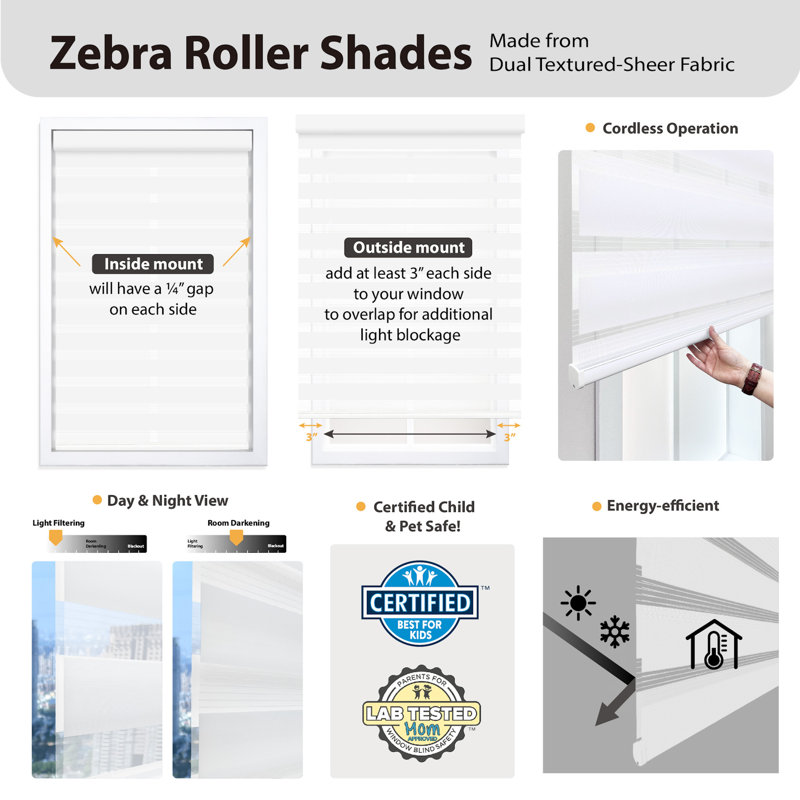 Cordless Zebra Roller Shade with  Room Darkening and Semi-Sheer Dual View, 27"W x 72"L, Black
