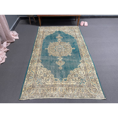 Vintage Wool Patchwork Rug, 1.5 x 2.7 Ft Blue Area Rug