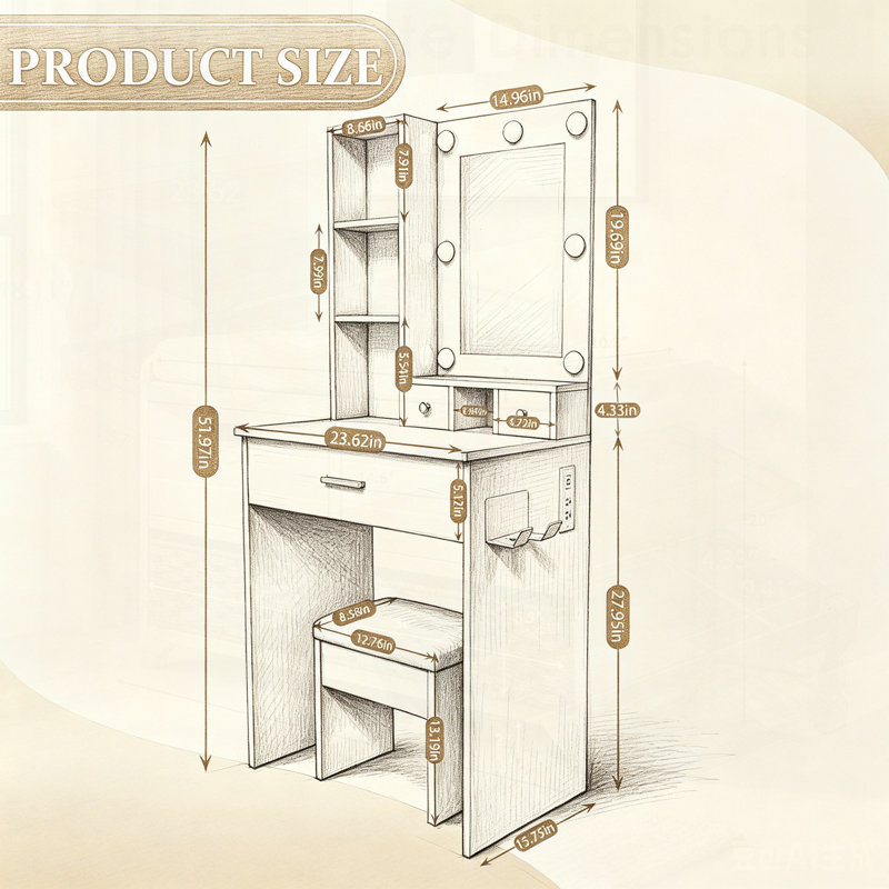 Table de coiffeuse compacte avec miroir, lumières DEL réglables, prise de courant, support pour sèche-cheveux et tabouret pour les petites chambres