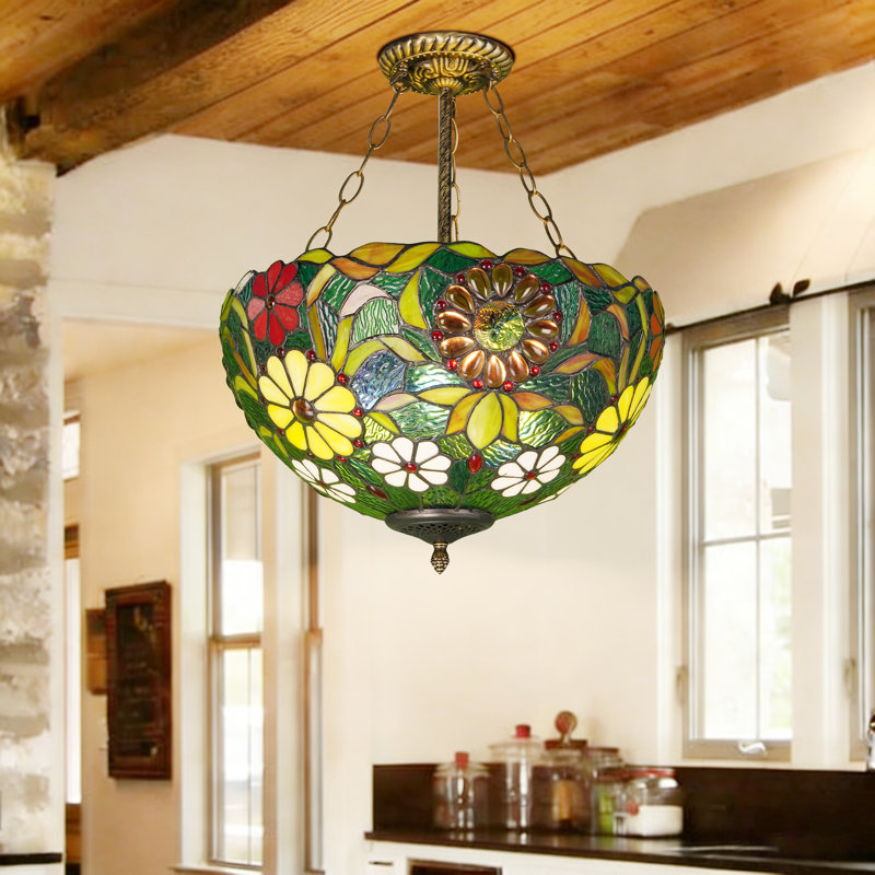 3 Light Tiffany Vintage Style Stained Glass Floral Pendant Chandelier