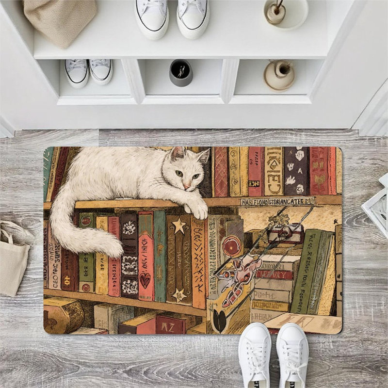 White Cat on Bookshelf Doormat, 24L x 36W, for Entrance Porch