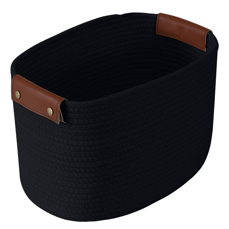 Black Cotton Rope Storage Baskets with Faux Leather Handles