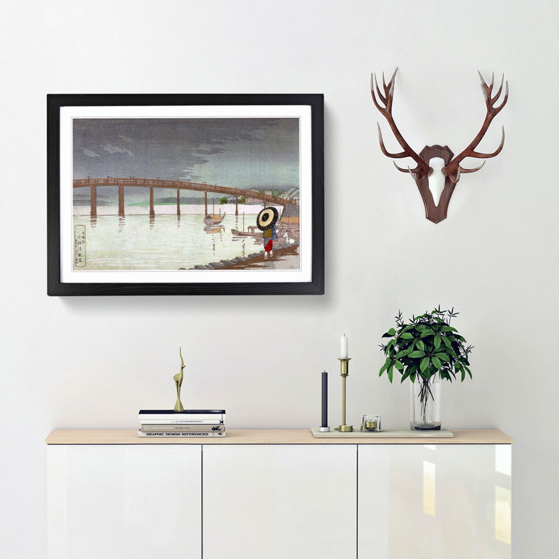 Rain at Shinohashi Bridge by Kobayashi Kiyochika - Picture Frame Painting Print, Black Framed, 27cm H x 36cm W x 2cm D