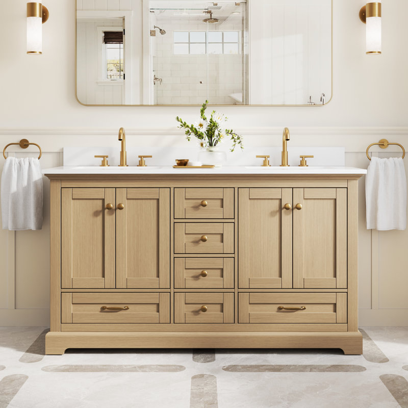 Meuble-lavabo sur pied l 60 po x H 34,2 po avec comptoir en marbre de culture blanc et lavabo, chêne, Chêne, Doré, 60"