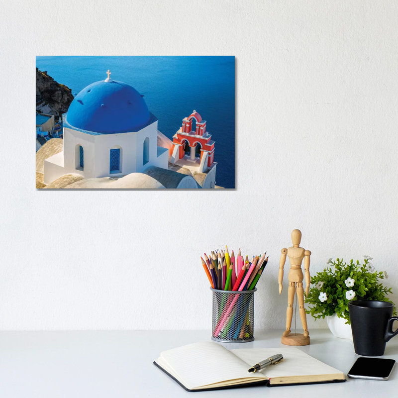 Greece, Oia. Greek Orthodox Church And Ocean. by Jaynes Gallery - Wrapped Canvas Gallery-Wrapped Canvas Giclée