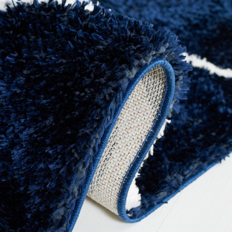 Navy and White Geometric Shag Runner Rug 2' x 9'