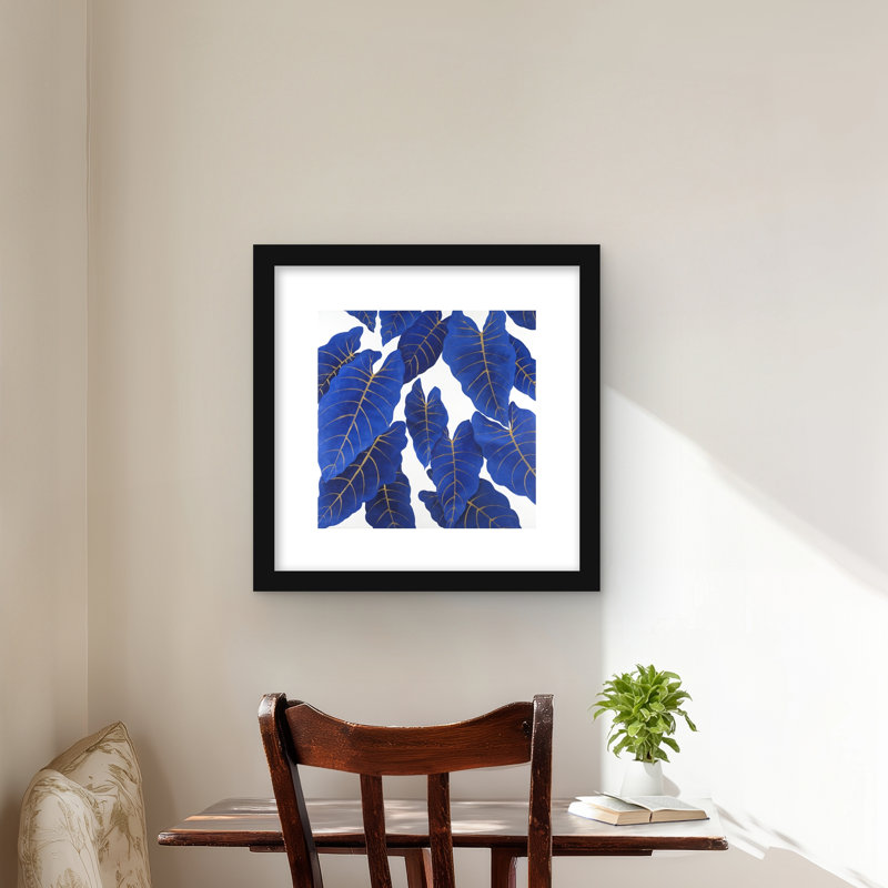 Feuilles bleues tropicales abstraites - décor botanique exotique, H 16 po x l 16 po, Noir