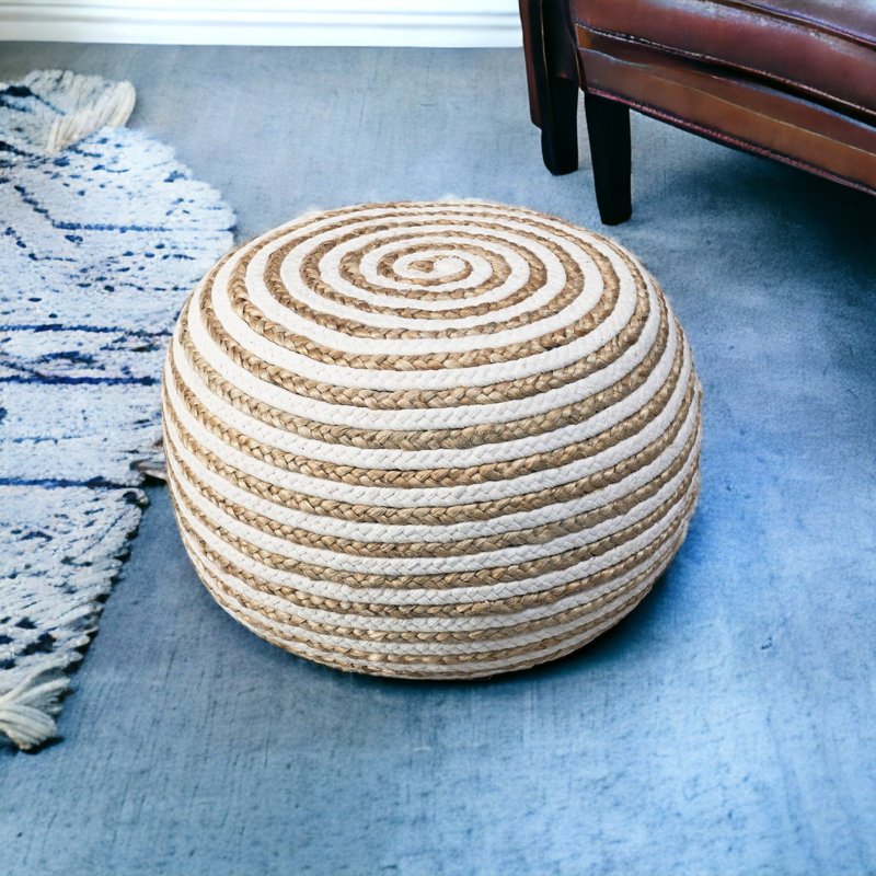 20" Cotton Blend Round Striped Pouf Ottoman, White