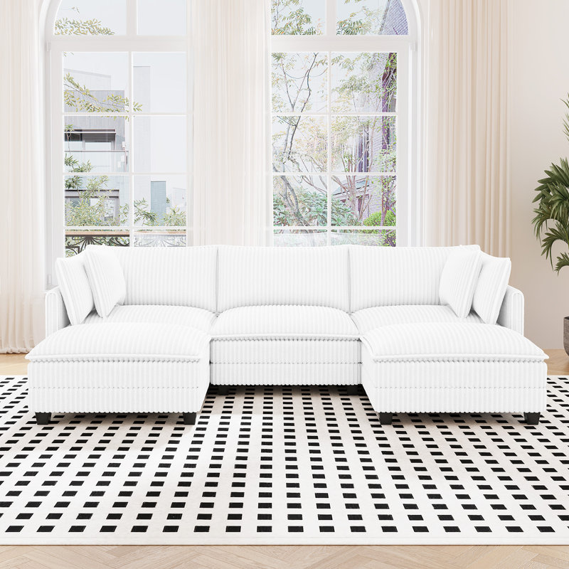 109" U Shaped Cloud Modular Sofa With 2 Ottomans, White Corduroy