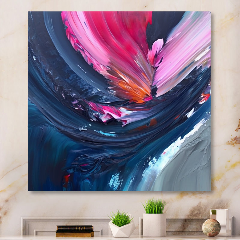 Dennice, art texturé abstrait bleu et rose, H 16 po x l 16 po x P 1 po, Toile tendue