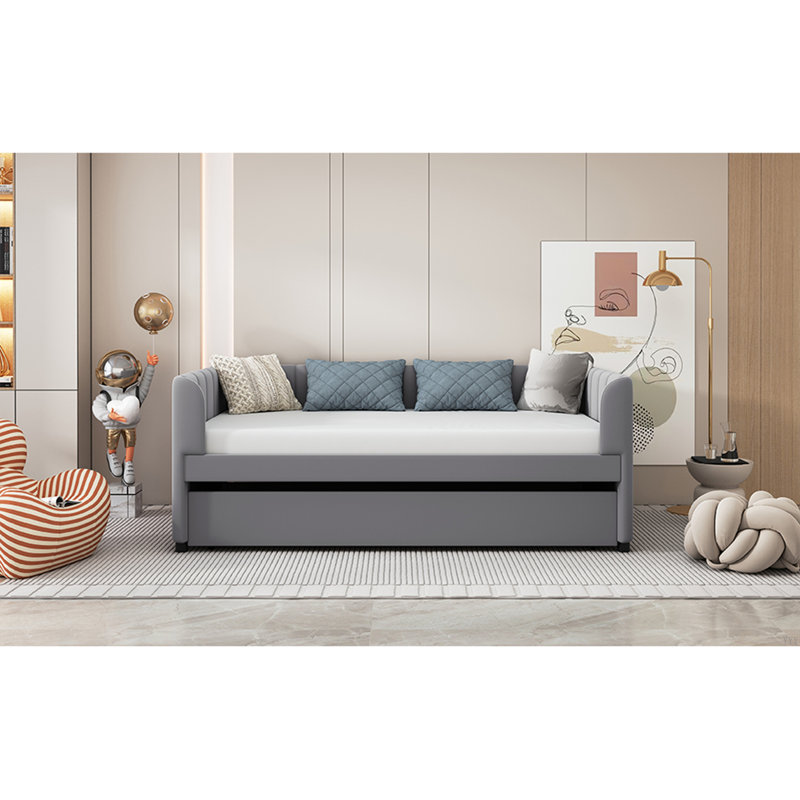 Upholstered Daybed With Ergonomic Design Backrest And Trundle, Gray