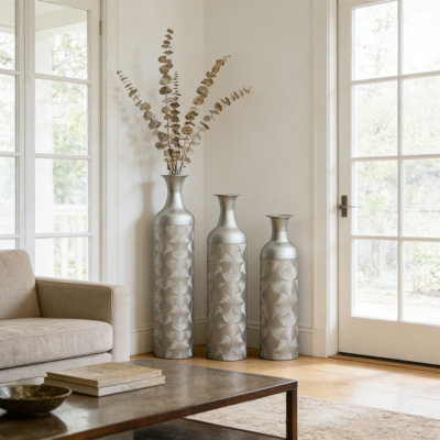 Ensemble de 3 vases de plancher en métal argenté, vases cylindriques à motif de vagues modernes 32,68 / 25,98 / 19,69 pouces pour le salon, le bureau, la décoration intérieure