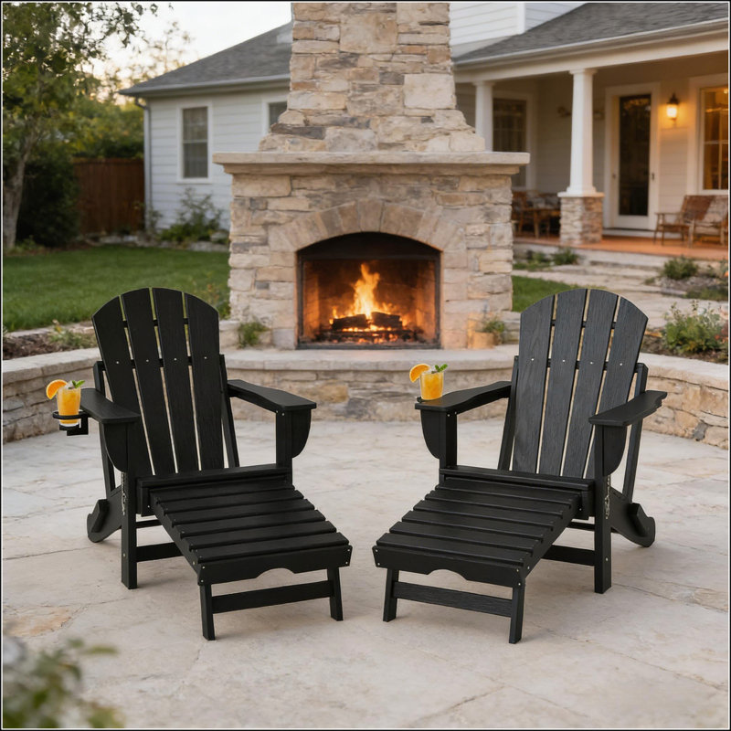 Ensemble de 2 fauteuils d'extérieur pliants en PEHD toutes saisons avec repose-pieds et porte-gobelet Adirondack, Black
