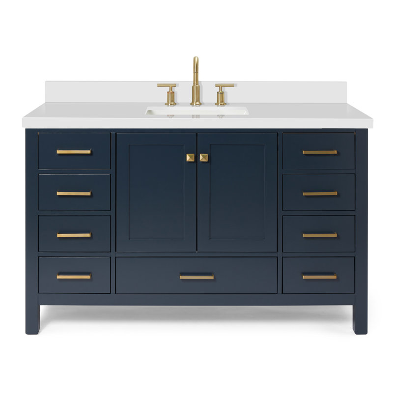 Ensemble de meuble-lavabo simple 55 po Cambridge, Bleu minuit / laiton satiné, Rectangle 