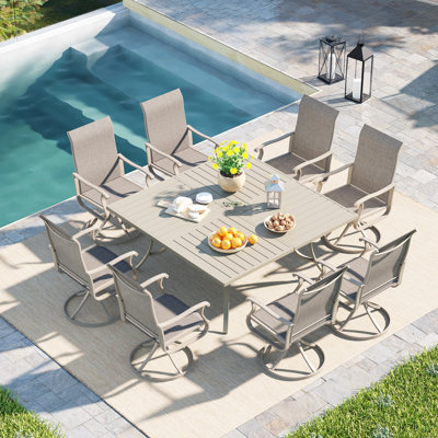 8-Person Patio Dining Set with 59" Square Table and Umbrella Hole + 8 Swivel Chairs
