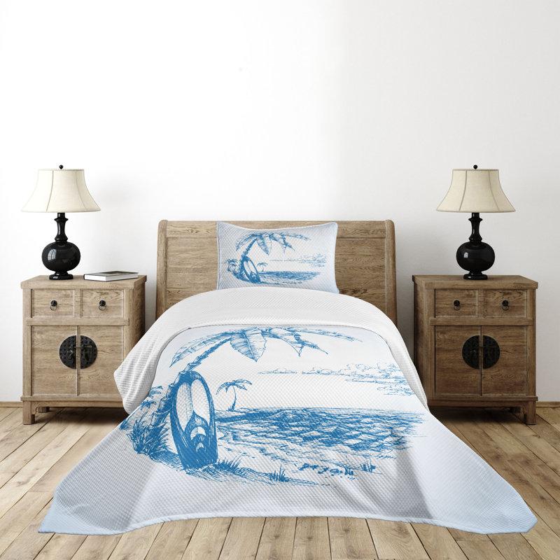 Twin White and Blue Quilted Bedspread Set