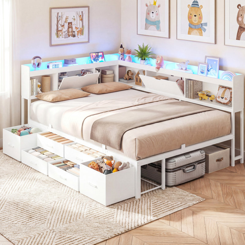 Base de lit double avec 6 tiroirs et bibliothèque de rangement avec station de charge et lumières DEL, Complet/Double, Blanc