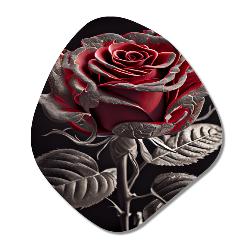 «Blossoming Rose» en rouge et gris I - art mural asymétrique en forme de nébuleuse florale, H 35 po x l 31 po