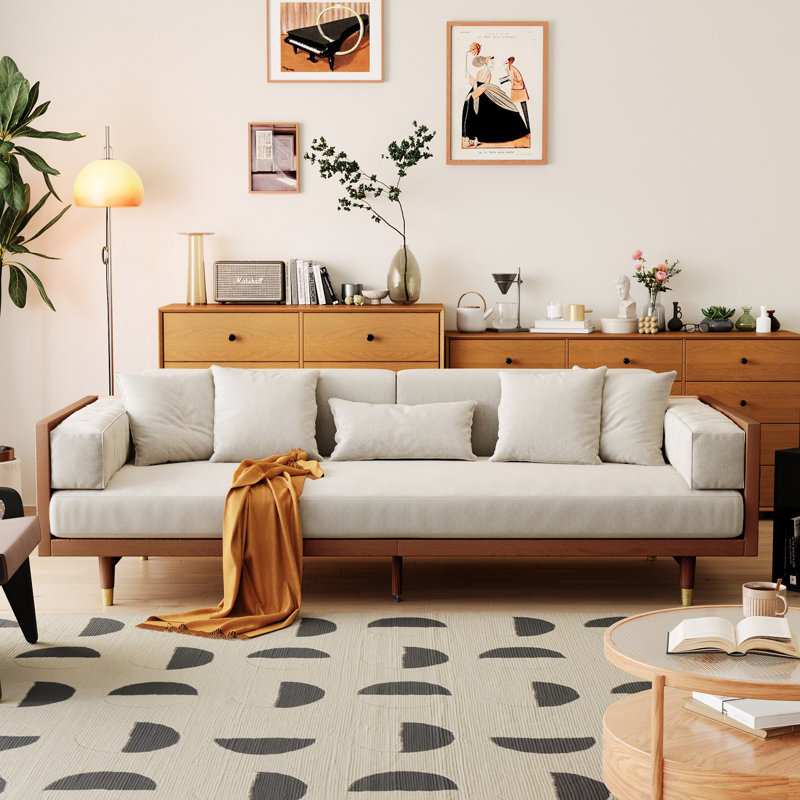 Grimpante 82.68'' Square Arm Compression Foam Cotton Linen Fabric Sofa,with MDF Frame, Walnut Wood, Beige Cotton Linen