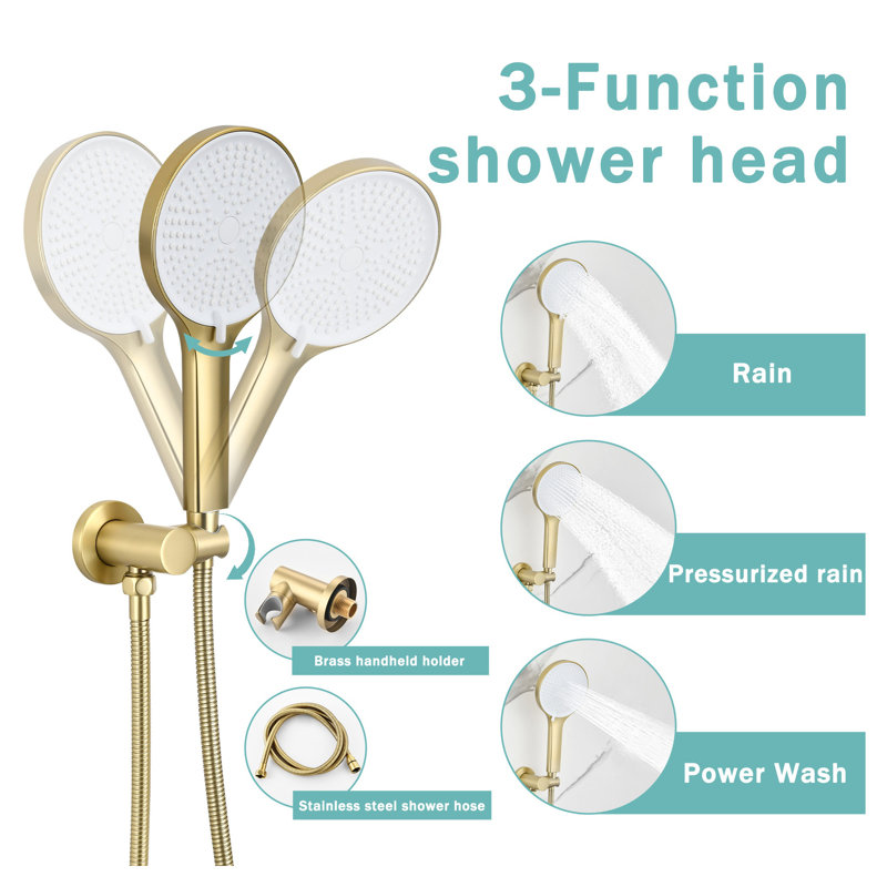 Luxury 3-Function Brushed Gold Shower System with 10 Inch Overhead Shower, 3-Spray Handheld & Bathtub Spout - Solid Brass Valve, High Pressure Water Saving