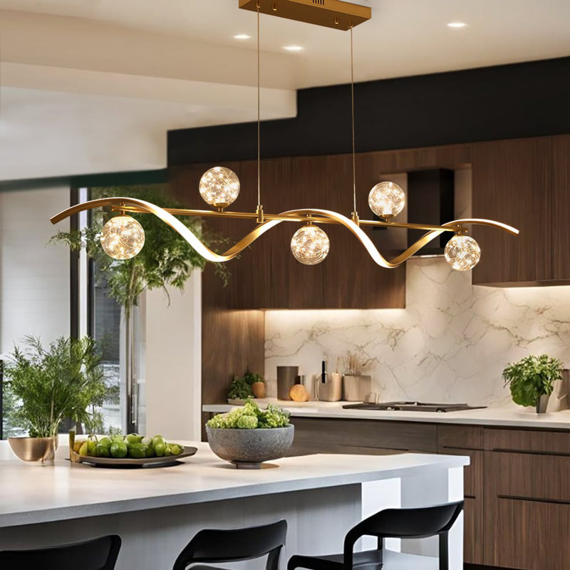 Éclairage linéaire pour îlot de cuisine 6 lumières à DEL avec abat-jour sphérique en verre à intensité variable, Six lumières