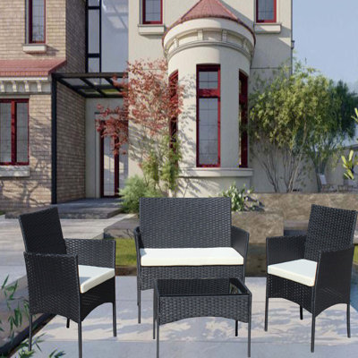 4 PC Rattan Patio Furniture Set Outdoor Patio Cushioned Seat Wicker Sofa
