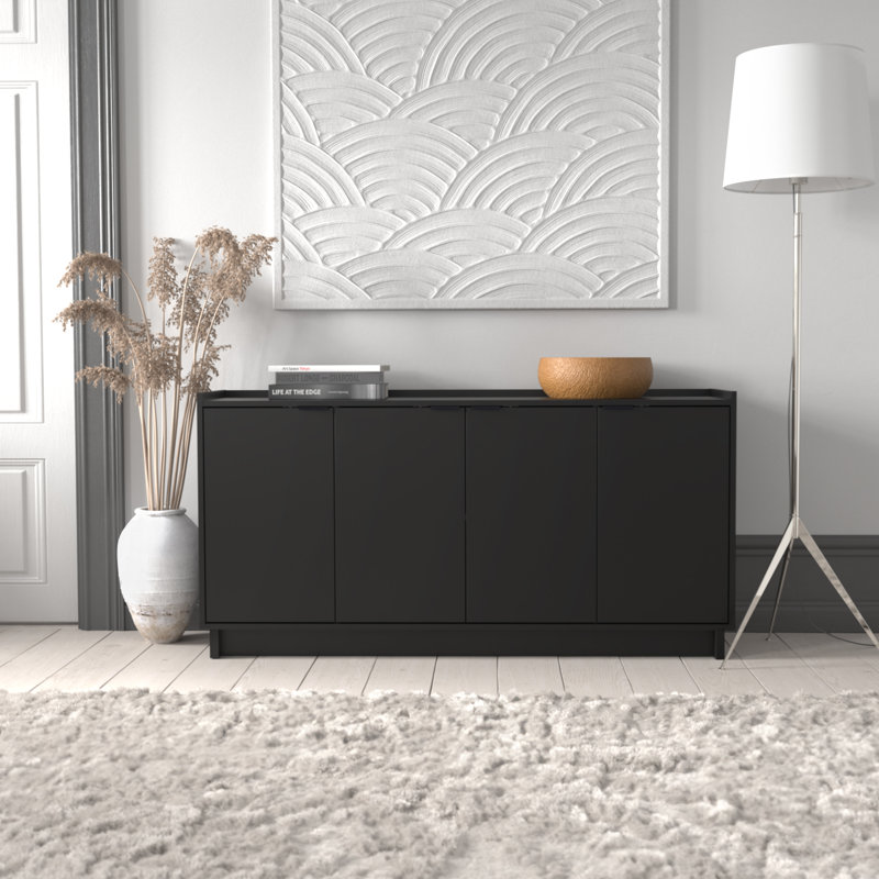 Prepac Black 4-Door Console Table with Adjustable Shelving