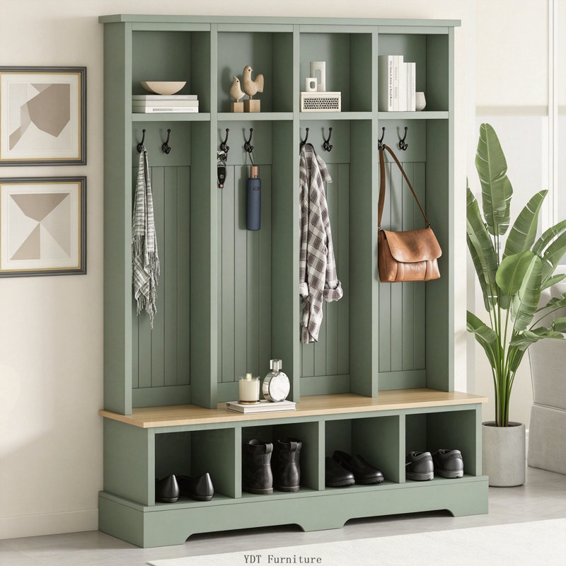 Farmhouse 59"W Hall Tree 8 Hooks, Entryway Bench Shoe Rack, Green, Green