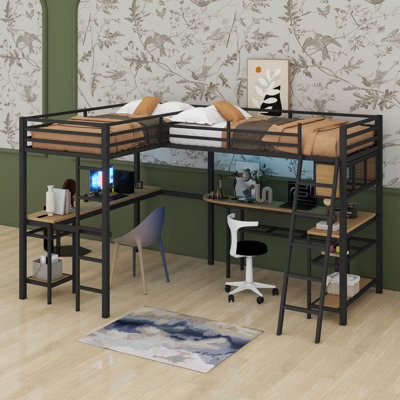 Twin Size L-Shaped Loft Bed With LED, Storage Shelves, 2 Charging Stations And 2 Built-In Desks