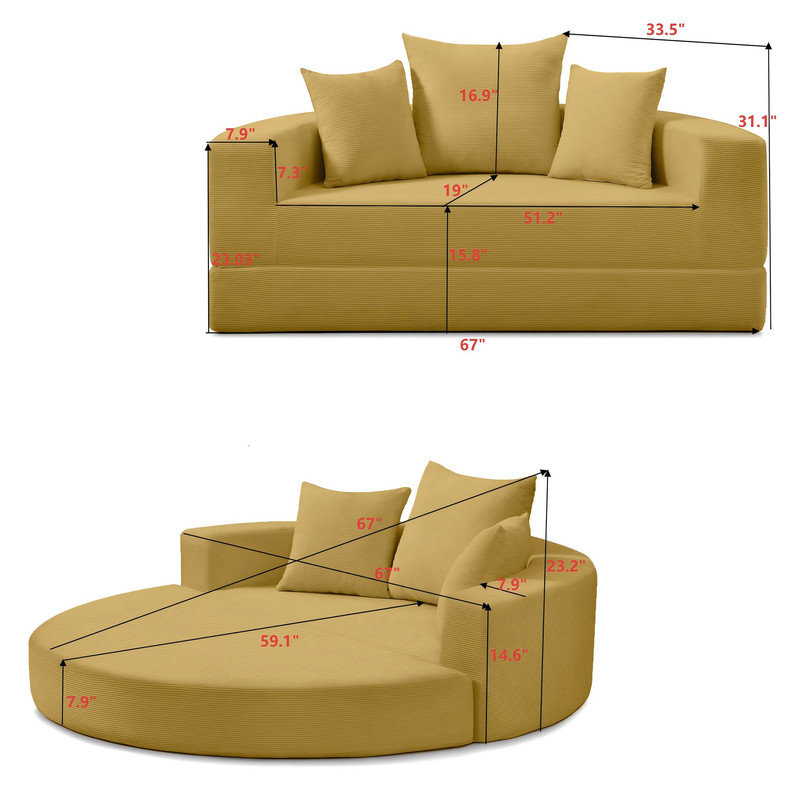 Canapé convertible en velours côtelé Boneless, Jaune