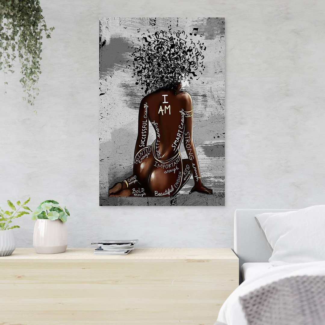Black Girl With Hair Of Music Notes - I AM Strong Enough - 1 Piece Rectangle Graphic Art Print On Wrapped Canvas MentionedYou 