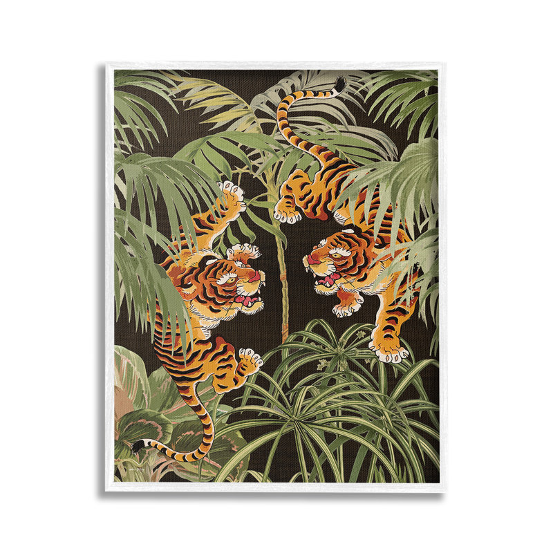 «Tigers féroces avec plantes», estampe numérique par Amber Sterling, Giclée encadrée blanc bord de mer, H 30 po x l 24 po