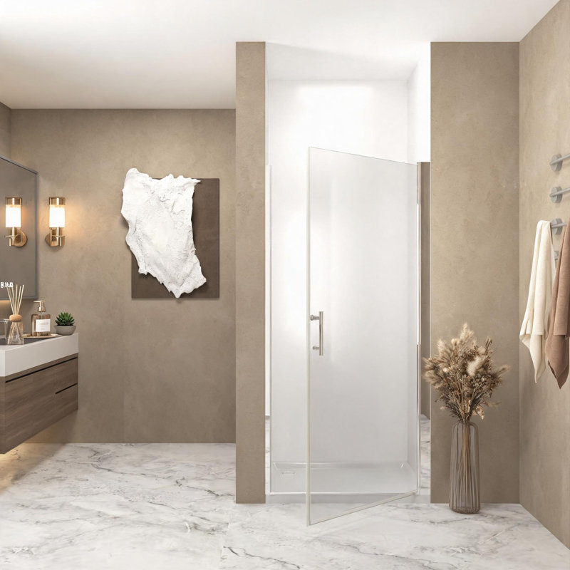 24 inch x 72 inch Brushed Nickel Aluminum Frame Half Frame Pivot Shower Door with 1/4 inch Tempered Glass and Explosion Proof Film