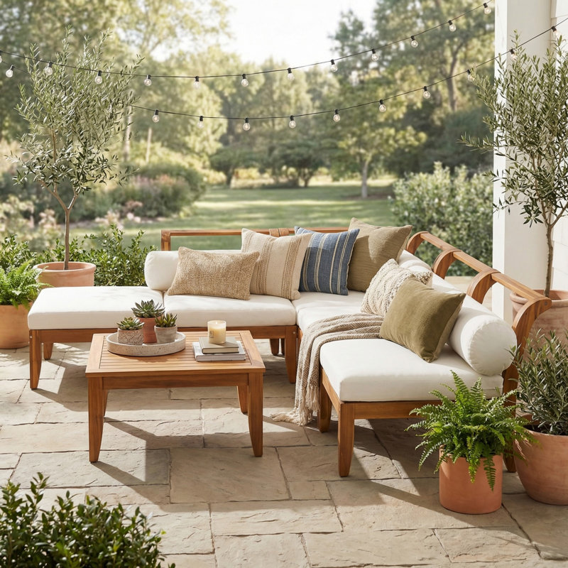 Ensemble de canapé de patio 6 pièces, ensemble de conversation modulaire d'extérieur en forme de L en bois d'acacia, lit de jour convertible avec table à thé pour le jardin, la cour