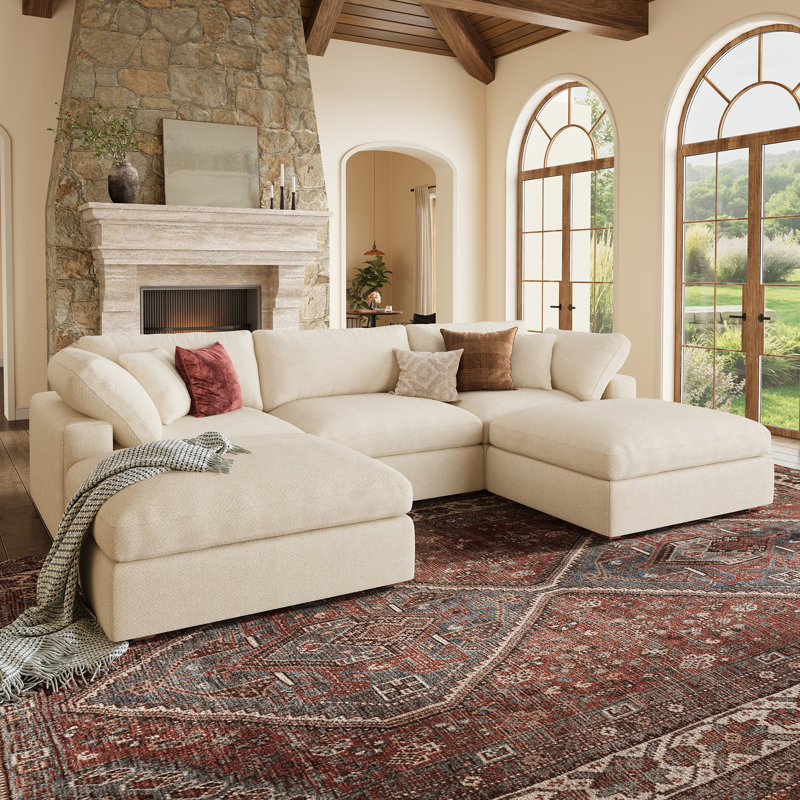 Abramson Beige U-shaped Chenille Modular Symmetrical Cloud Sofa, Beige Chenille, 36.2" H x 120.5" W x 78" D
