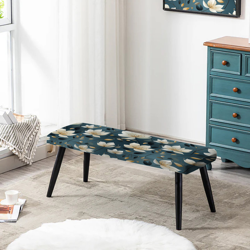 Élégant motif floral bleu sarcelle et ivoire - Banc rembourré noir floral