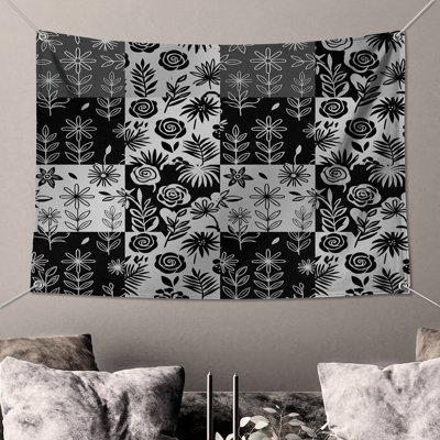 Tapisserie murale motif floral noir et blanc