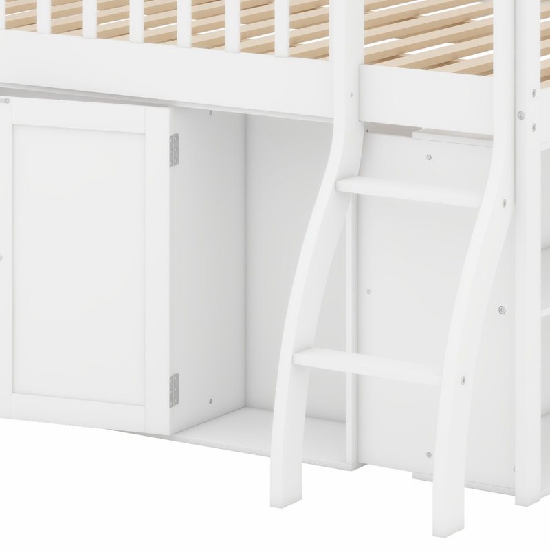 Élégant lit mezzanine en bois avec amplement de tablettes de rangement et tête de lit à DEL, Grand lit, Blanc