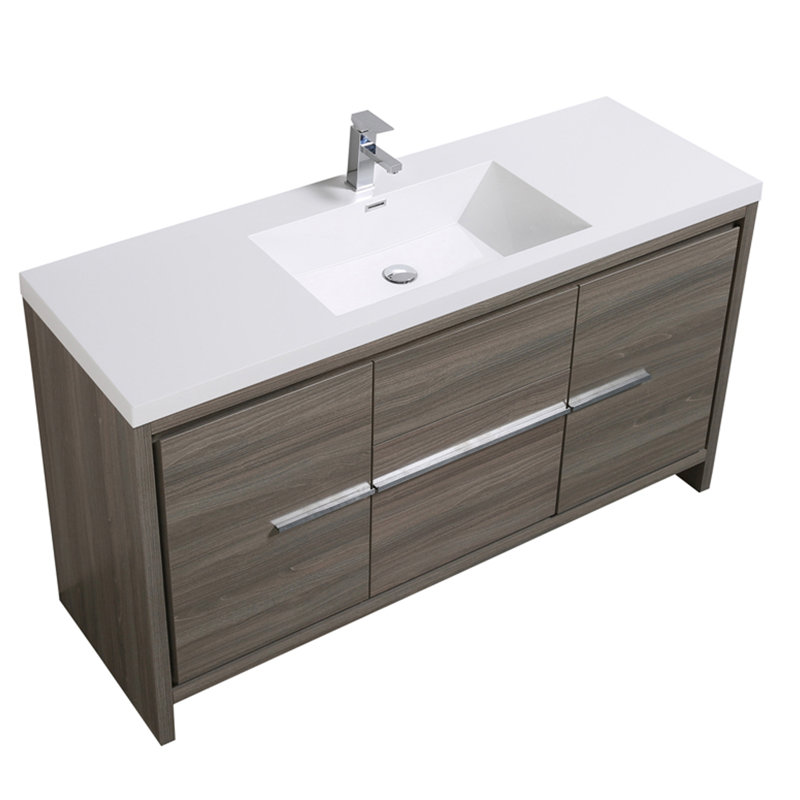 Ensemble de meuble-lavabo simple 60 po avec miroir Chetek, Gris érable