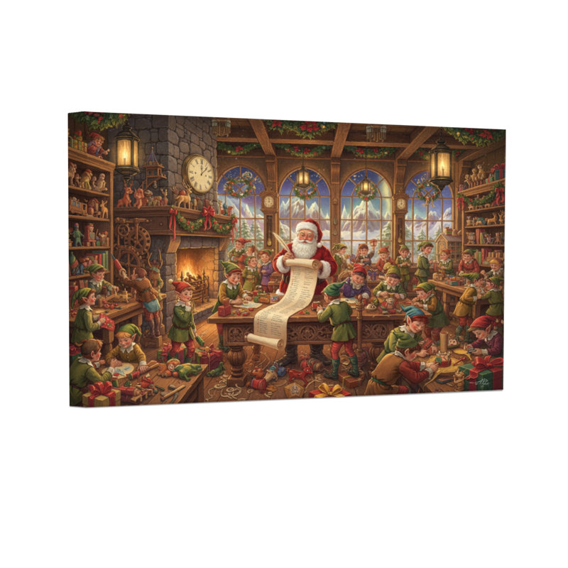 Noël, père Noël, atelier, lutins, fabrication de jouets, H 16 po x l 24 po