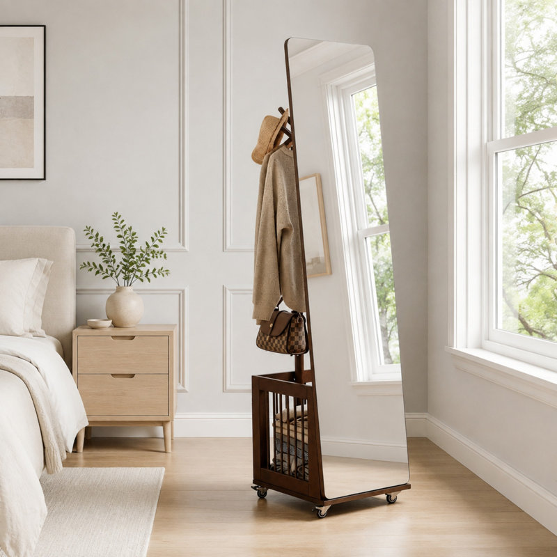 Porte-manteau en bois massif avec miroir pleine longueur et panier de rangement
